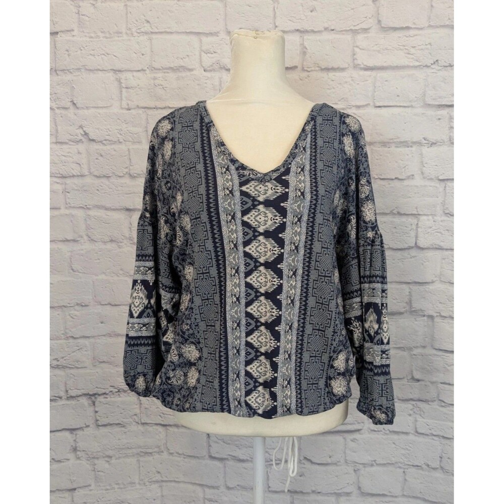 Lucky Western Boho V-Neck Banded‎ bottom geometric top Size M Flowy